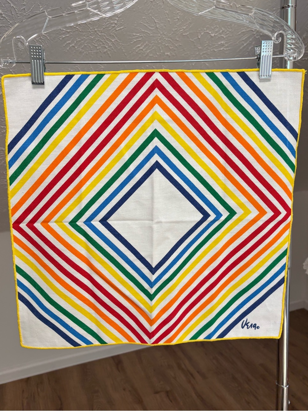 Vintage Vera Neumann linen tea towel, rainbow diamond stripes. 1960s